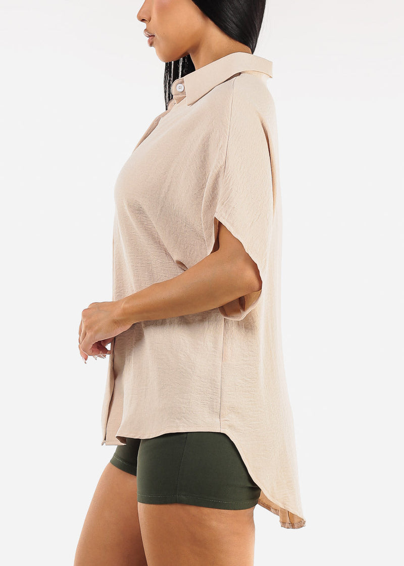 Short Sleeve Button Up Loose Fit Blouse Beige