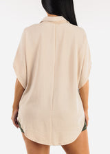 Short Sleeve Button Up Loose Fit Blouse Beige