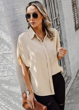 Short Sleeve Button Up Loose Fit Blouse Beige
