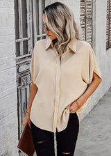 Short Sleeve Button Up Loose Fit Blouse Beige
