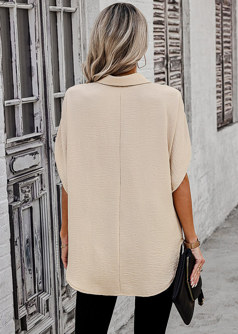 Short Sleeve Button Up Loose Fit Blouse Beige