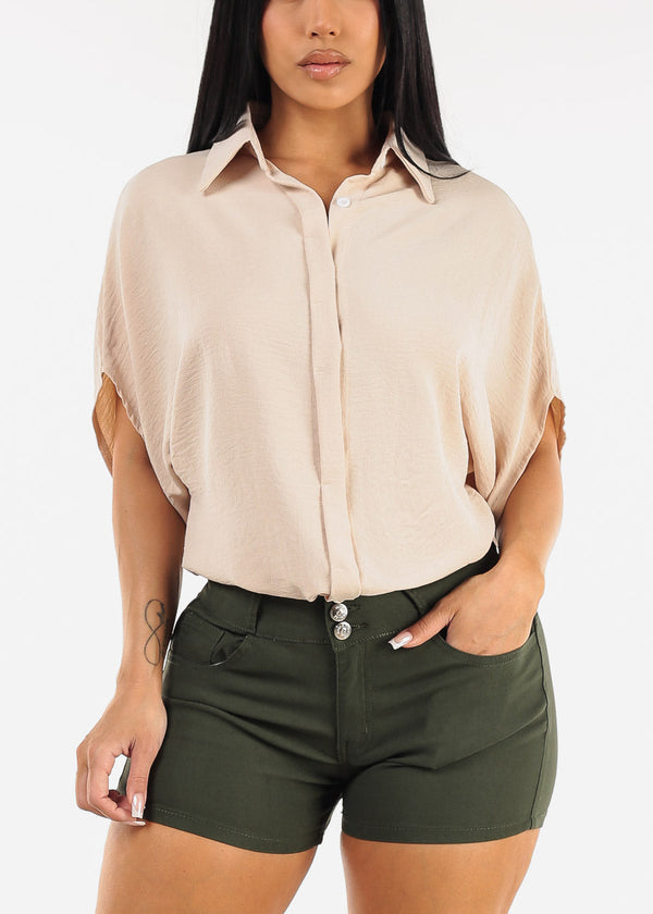 Short Sleeve Button Up Loose Fit Blouse Beige