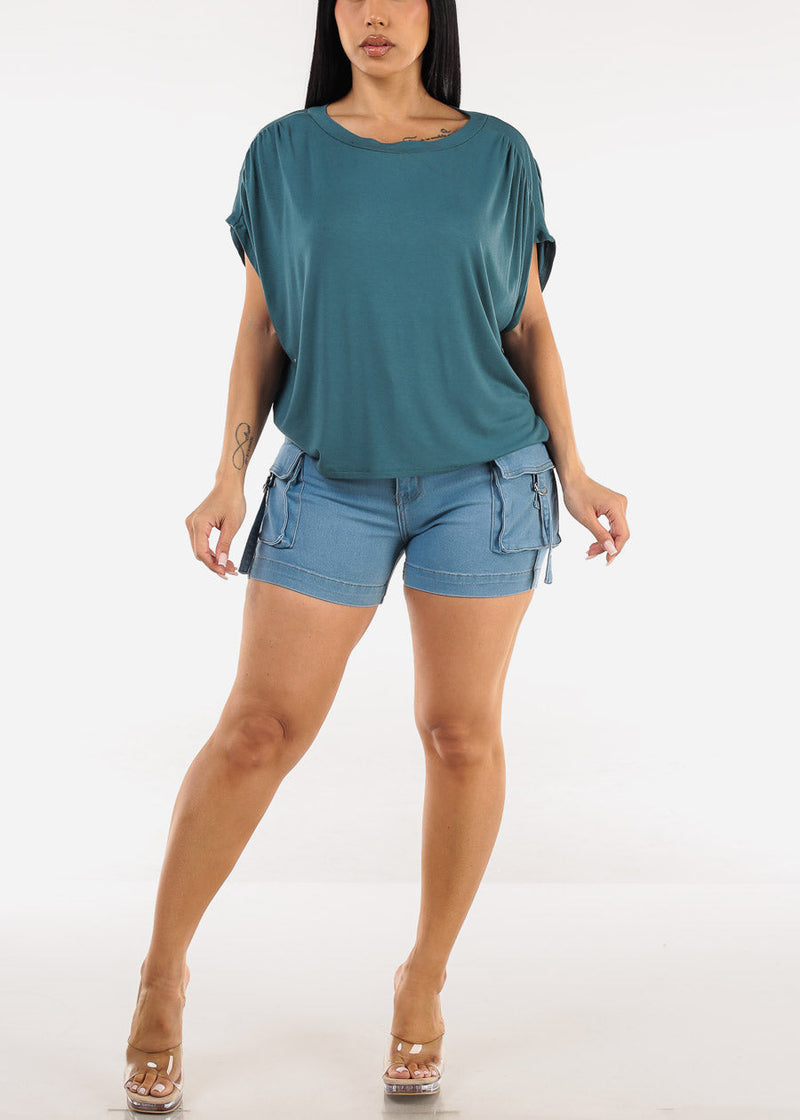 Cap Sleeve Round Neck Stretch Flowy Top Jade