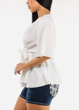 Elbow Sleeve Tie Front White Blouse