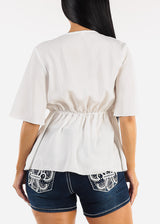Elbow Sleeve Tie Front White Blouse
