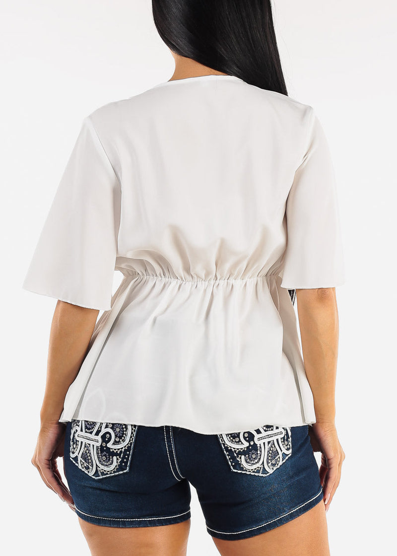 Elbow Sleeve Tie Front White Blouse