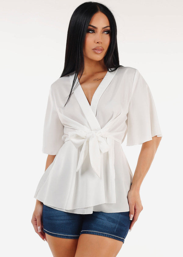 Elbow Sleeve Tie Front White Blouse