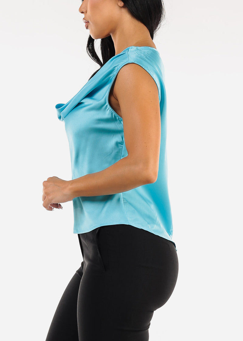 Sleeveless Cowl Neckline Satin Blouse Aqua