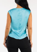 Sleeveless Cowl Neckline Satin Blouse Aqua