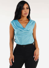 Sleeveless Cowl Neckline Satin Blouse Aqua