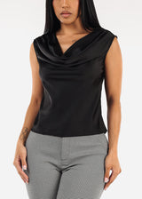 Sleeveless Cowl Neckline Satin Blouse Black