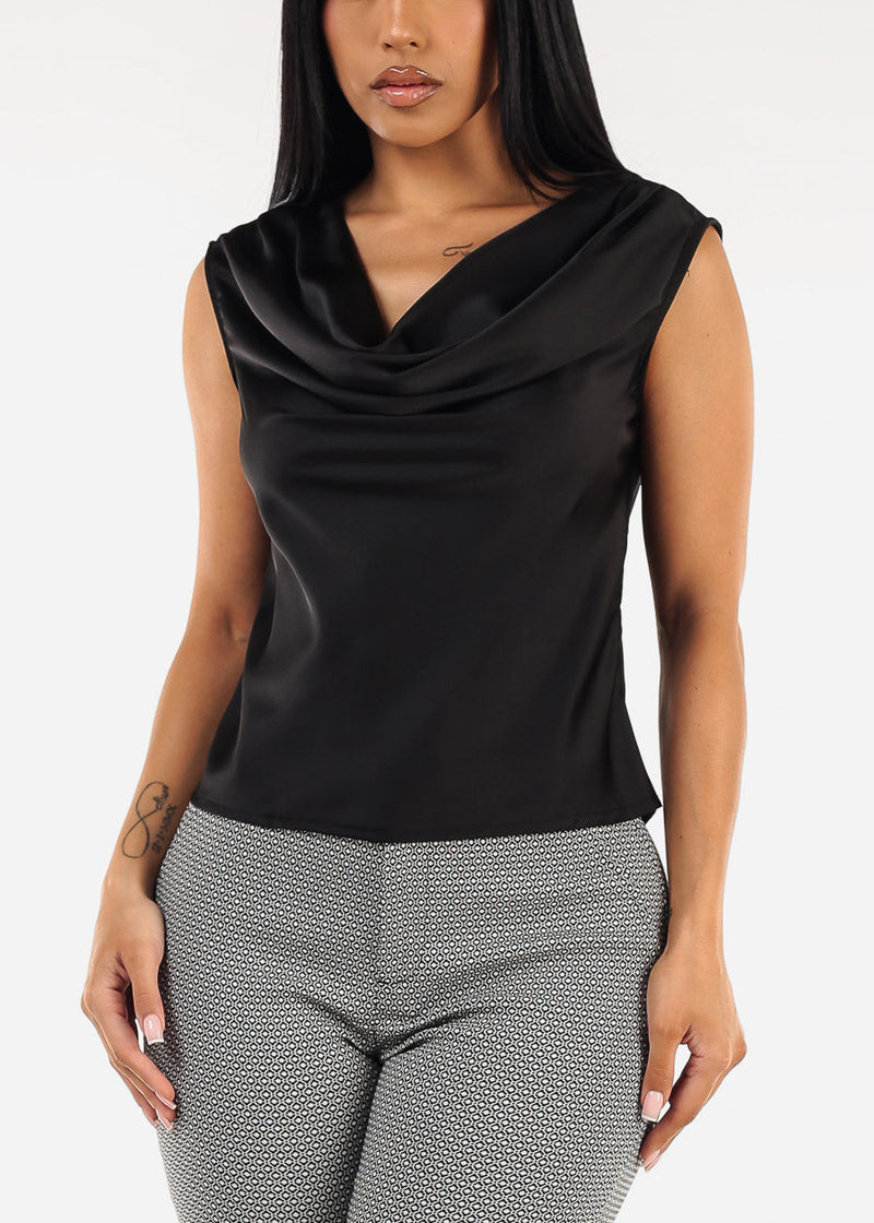 Sleeveless Cowl Neckline Satin Blouse Black