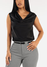 Sleeveless Cowl Neckline Satin Blouse Black