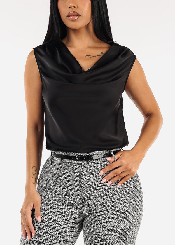 Sleeveless Cowl Neckline Satin Blouse Black