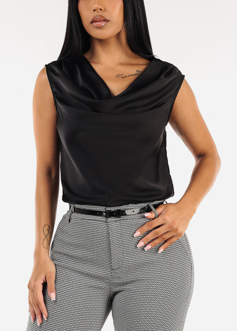 Sleeveless Cowl Neckline Satin Blouse Black