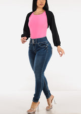 Short Sleeve Round Neck Thong Bodysuit Hot Pink