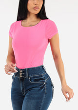 Short Sleeve Round Neck Thong Bodysuit Hot Pink