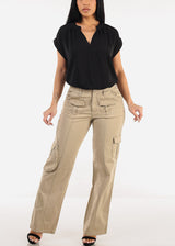 Black Cuffed Short Sleeve V-neck Blouse