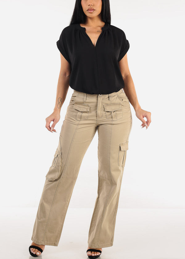 Black Cuffed Short Sleeve V-neck Blouse