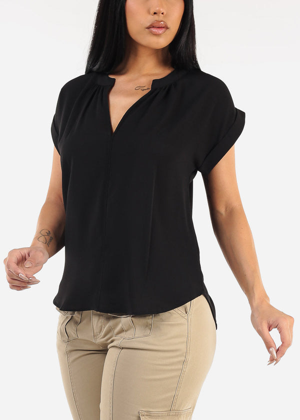 Black Cuffed Short Sleeve V-neck Blouse