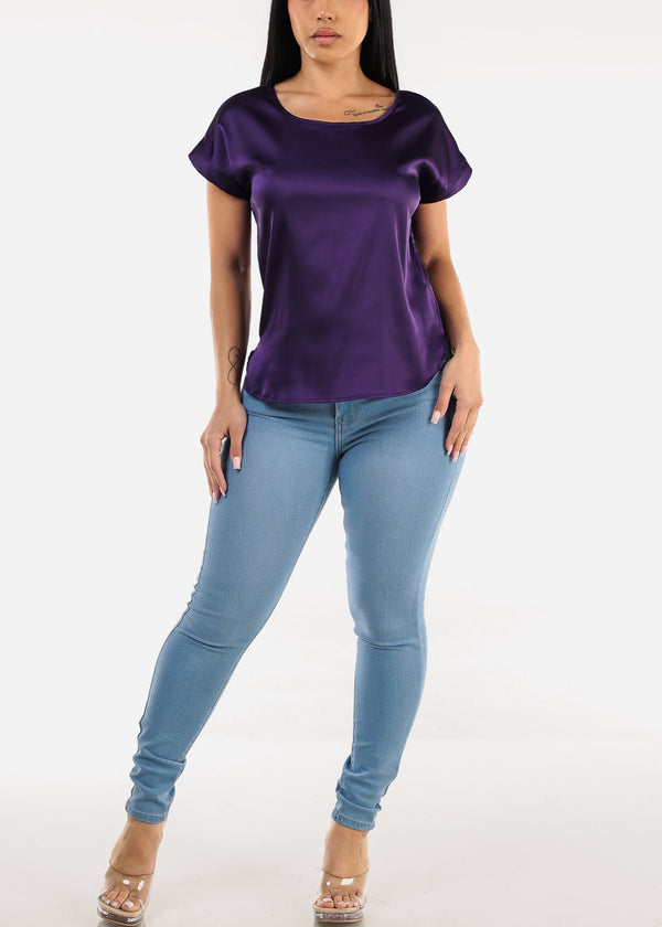 Short Sleeve Round Neck Satin Blouse Purple