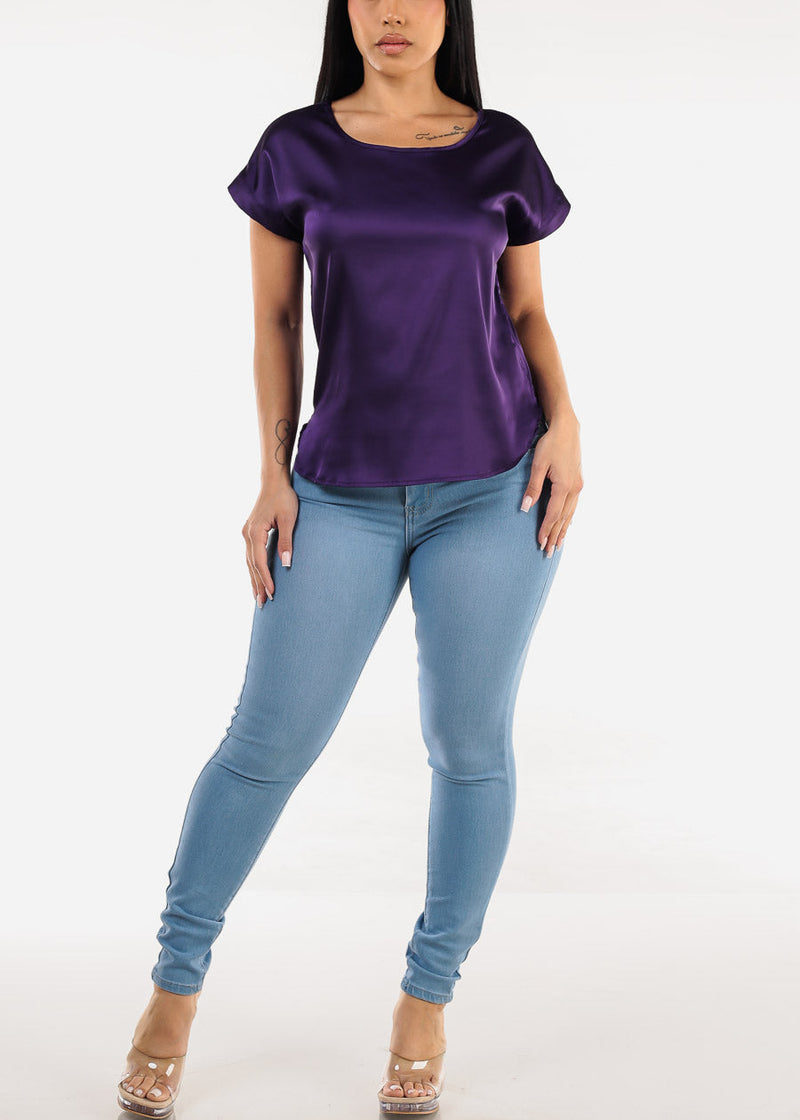 Short Sleeve Round Neck Satin Blouse Purple