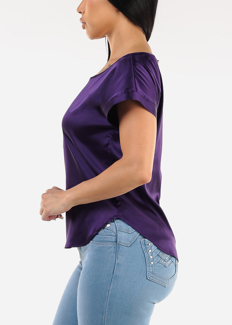 Short Sleeve Round Neck Satin Blouse Purple