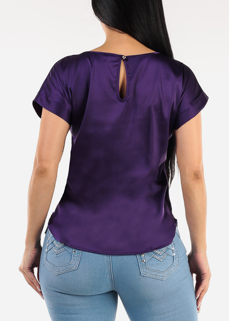 Short Sleeve Round Neck Satin Blouse Purple