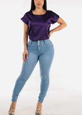 Short Sleeve Round Neck Satin Blouse Purple
