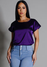Short Sleeve Round Neck Satin Blouse Purple
