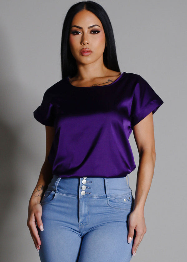 Short Sleeve Round Neck Satin Blouse Purple
