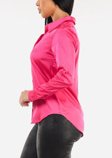 Long Sleeve Button Down Satin Blouse Hot Pink