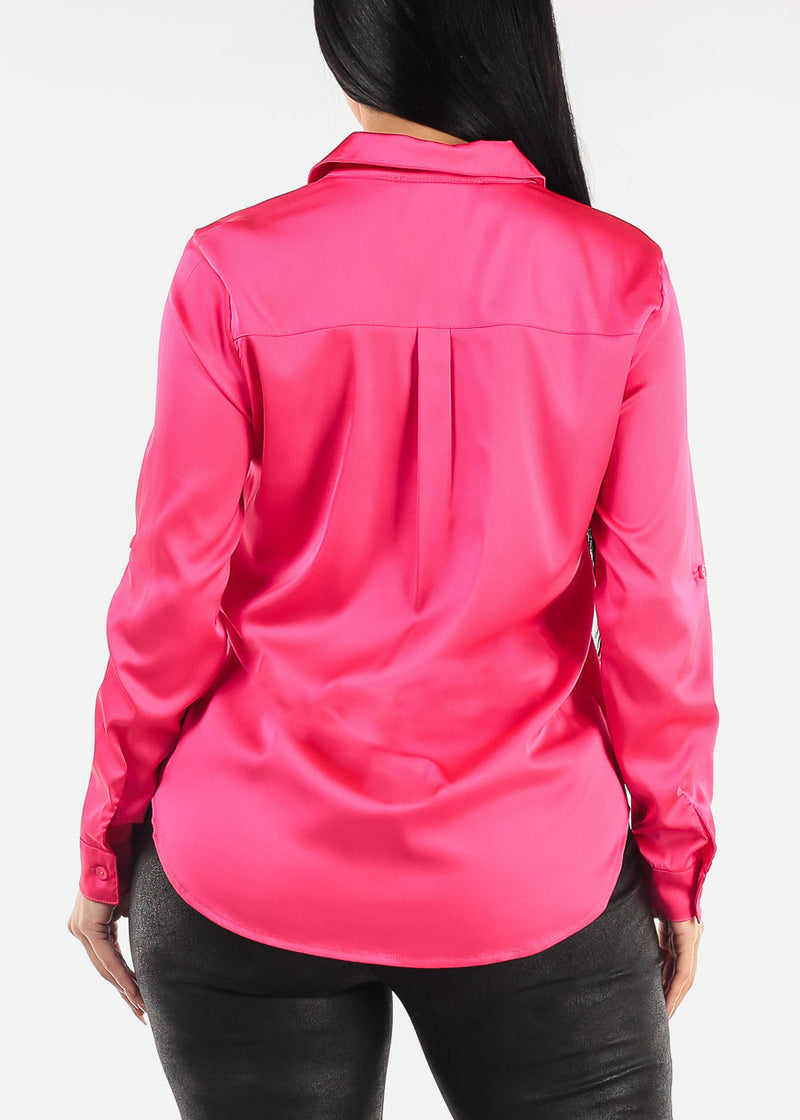 Long Sleeve Button Down Satin Blouse Hot Pink