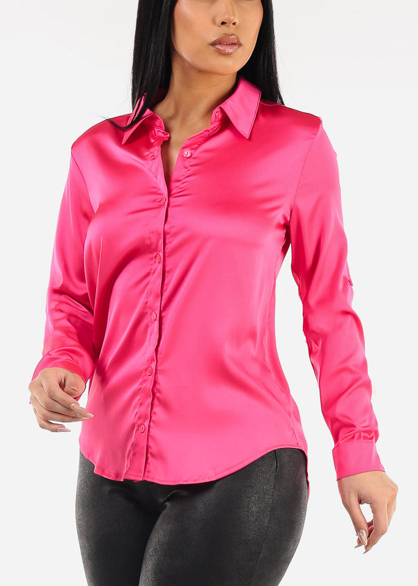 Long Sleeve Button Down Satin Blouse Hot Pink