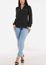Long Sleeve Polka Dot Chiffon Blouse Black