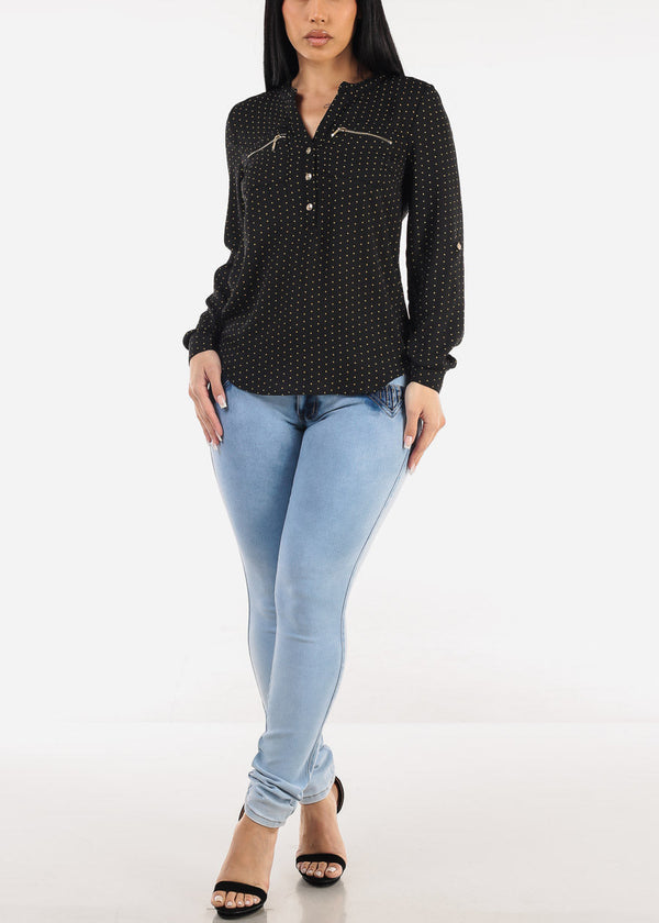 Long Sleeve Polka Dot Chiffon Blouse Black