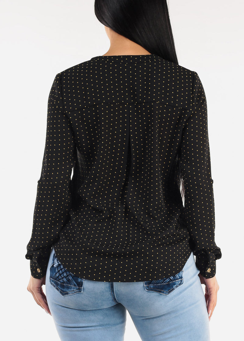 Long Sleeve Polka Dot Chiffon Blouse Black