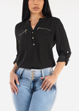 Long Sleeve Polka Dot Chiffon Blouse Black