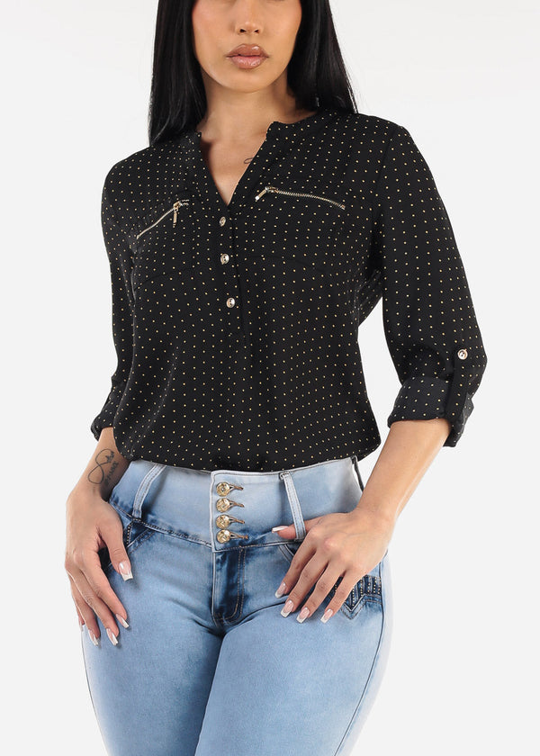 Long Sleeve Polka Dot Chiffon Blouse Black