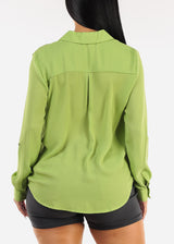 Long Sleeve Button Down Collared Blouse Light Green