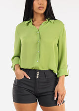 Long Sleeve Button Down Collared Blouse Light Green