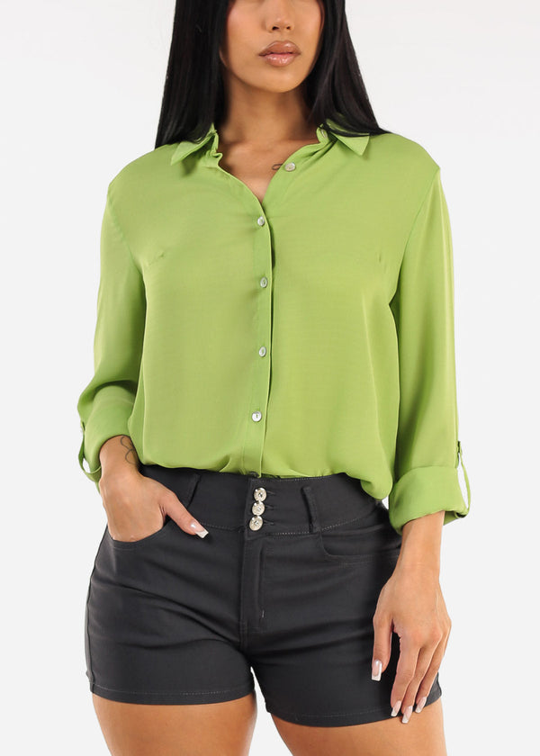 Long Sleeve Button Down Collared Blouse Light Green