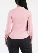 Long Sleeve Button Down Collared Blouse Light Pink