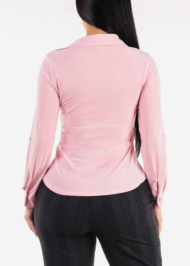 Long Sleeve Button Down Collared Blouse Light Pink