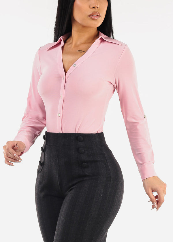 Long Sleeve Button Down Collared Blouse Light Pink