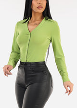 Long Sleeve Button Down Collared Blouse Light Green