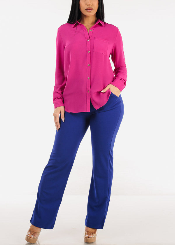 Long Sleeve Button Down Blouse Fuchsia
