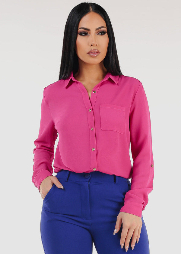 Long Sleeve Button Down Blouse Fuchsia