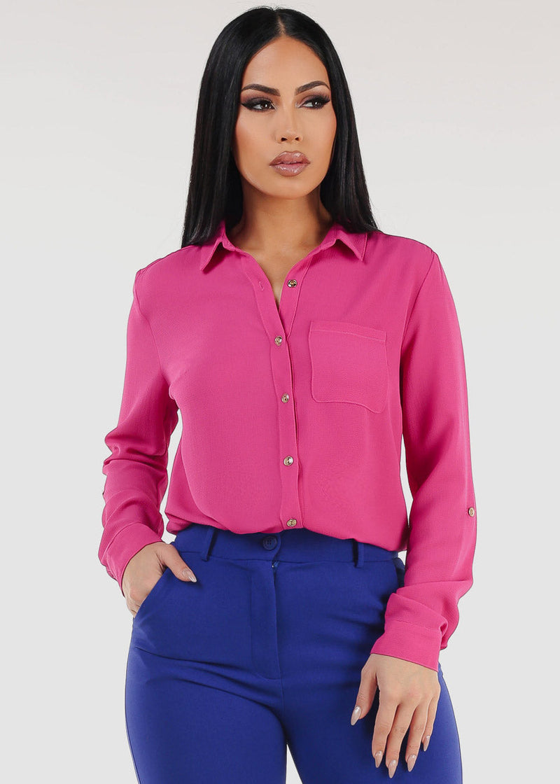 Long Sleeve Button Down Blouse Fuchsia