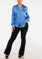 Satin Long Sleeve Button Down Collared Blouse Blue